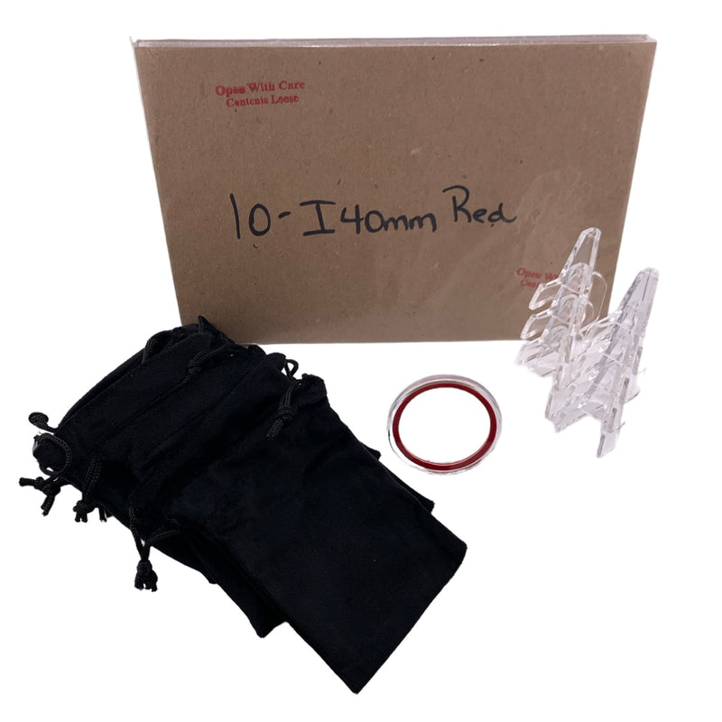 Bundle P (10-i40mm with Red Ring, 10-Velvet Medium Black Bags, 10-Clear, small easels)